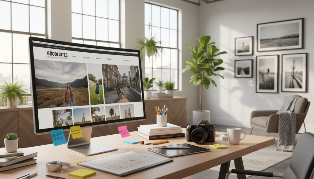 A modern workspace designed for creating websites, showcasing the essence of web development for photographers. In the foreground, a sleek computer with a vivid screen displaying a beautiful photographer's portfolio website. The middle features a stylish desk cluttered with design tools, colorful sticky notes, and a professional camera. In the background, a bright and airy room with large windows letting in natural light, potted plants, and a few framed photographs on the walls. The overall atmosphere is inspiring and creative, emphasizing innovation and professionalism in website design. Emphasize the brand name "GOODI SITES" prominently on the computer screen or design tools, with subtle soft lighting reflecting a productive and welcoming work environment. Capture the essence of digital creativity in a safe and professional manner.