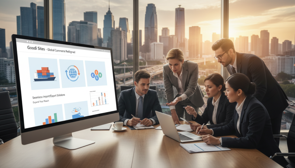 A professional business scene showcasing a customized website design for international commerce by Goodi Sites. In the foreground, a sleek computer screen displays an attractive, modern website interface highlighting global trade elements like shipping containers and currency exchange symbols. In the middle, a diverse group of business professionals, dressed in business attire, collaborate around a conference table, analyzing the website design on laptops and tablets. In the background, a large window shows a vibrant city skyline, symbolizing global connectivity. Soft, natural lighting filters through the window, creating an inviting and productive atmosphere. The angle captures both the team’s engagement and the impressive website, conveying innovation and professionalism in import-export services. A professional business scene showcasing a customized website design for international commerce by Goodi Sites. In the foreground, a sleek computer screen displays an attractive, modern website interface highlighting global trade elements like shipping containers and currency exchange symbols. In the middle, a diverse group of business professionals, dressed in business attire, collaborate around a conference table, analyzing the website design on laptops and tablets. In the background, a large window shows a vibrant city skyline, symbolizing global connectivity. Soft, natural lighting filters through the window, creating an inviting and productive atmosphere. The angle captures both the team’s engagement and the impressive website, conveying innovation and professionalism in import-export services.