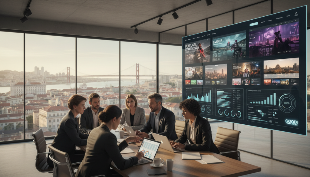 A vibrant and professional benchmarking scene depicting a group of diverse business professionals engaged in a strategic discussion about event website creation in Portugal for 2026. In the foreground, a mixed-gender team is analyzing data on laptops and tablets, dressed in smart business attire. The middle ground features a large screen displaying various innovative event websites and analytics, with graphs and charts highlighting market insights. The background showcases a modern office environment with large windows revealing a bustling cityscape, symbolizing industry dynamics. Soft, natural lighting illuminates the workspace, creating an atmosphere of collaboration and forward-thinking. In the corner, the brand name "GOODI SITES" is subtly integrated into a digital display.