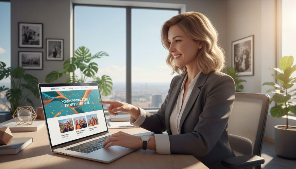 A vibrant and professional website interface design for an event planning company named "GOODI SITES." The foreground features a sleek laptop displaying a visually appealing homepage with elegant graphics, event listings, and an intuitive navigation bar. In the middle, a well-dressed business professional, a Caucasian woman, is interacting with the laptop, showcasing user engagement. The background includes a modern office space with large windows letting in natural light and tasteful decor, such as plants and framed event photos, creating an inviting atmosphere. Soft, warm lighting enhances the scene, while a shallow depth of field draws focus to the laptop and the professional. The overall mood is dynamic and inspiring, symbolizing the importance of investing in a quality website for event businesses in Portugal for 2026.