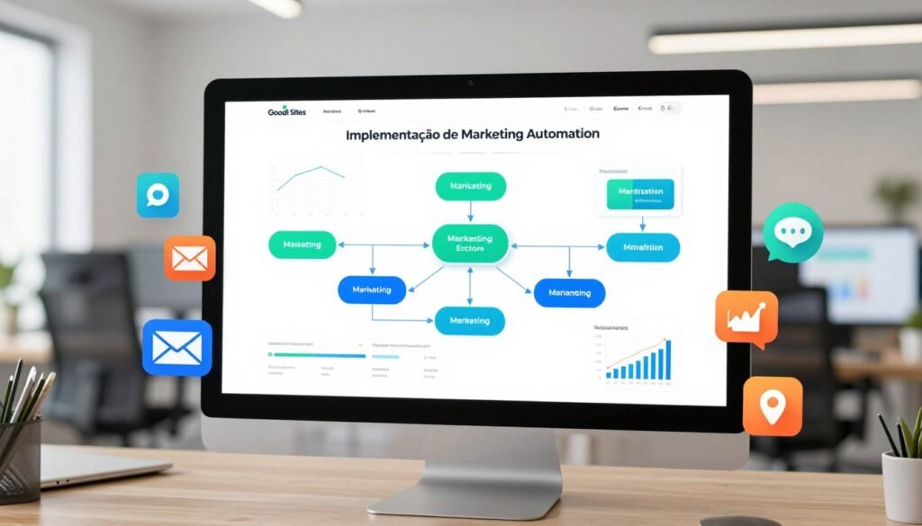 A visually engaging scene representing "Implementação de Marketing Automation" for a website, featuring a sleek, modern digital interface on a computer screen displaying various graphs, charts, and automated workflows. In the foreground, colorful icons symbolizing email marketing, social media integration, and analytics are arranged artistically around the screen. The middle layer includes a vibrant flowchart illustrating the marketing automation process, using a gradient of blue and green colors. The background shows a soft-focus office environment with contemporary furniture and soft lighting, creating a positive and professional atmosphere. The brand name "Goodi Sites" subtly integrated into the design elements within the image. The lighting should be bright yet soft, emulating a productive workspace.