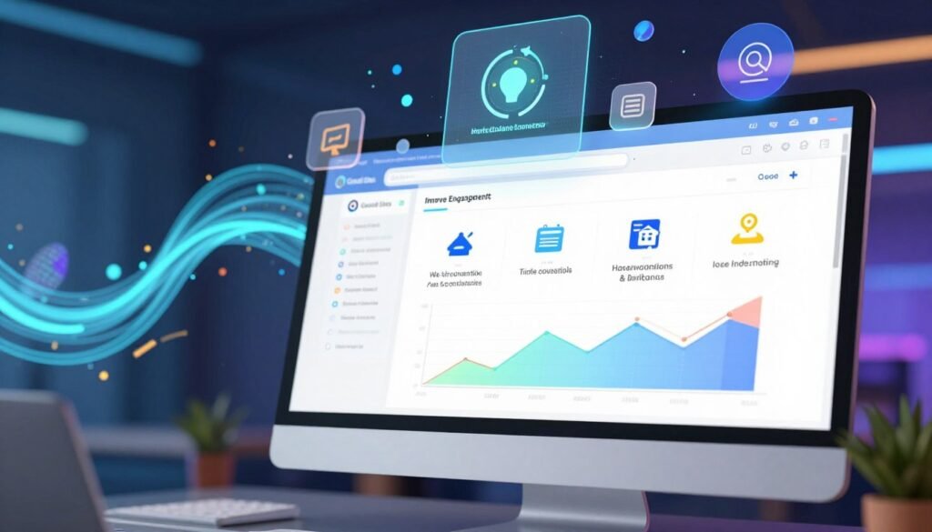 A visually striking infographic showcasing the benefits of marketing automation for websites. In the foreground, display a sleek, modern interface of a computer screen with colorful graphs and charts illustrating improved engagement and efficiency. In the middle, integrate various visual icons representing key benefits, such as increased conversions, time savings, and personalized marketing strategies. In the background, create a vibrant digital environment, symbolizing the online space with abstract shapes and flowing data streams. The lighting should be bright and inviting, highlighting the screen and symbols, creating a sense of innovation and forward-thinking. The atmosphere conveys a sense of professionalism and modernity, incorporating the brand name "Goodi Sites" subtly in the design without text overlays, ensuring a clean, informative visual.
