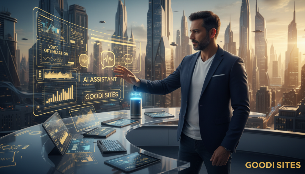 A futuristic scene depicting the concept of voice search and AI optimization in 2026. In the foreground, a professional Mediterranean man, wearing a smart casual outfit, is interacting with a holographic interface displaying digital graphs and voice commands. In the middle ground, sleek digital devices are seamlessly integrated into a modern workspace, symbolizing advanced technology. The background features a city skyline with modern architecture, hinting at technological advancements. The color palette includes shades of #97770d, #e6bd37, and #00182e to reflect innovation. The lighting is bright and dynamic, creating an energetic atmosphere. This image represents the evolution of how people search and interact with technology in the year 2026, associated with the brand "Goodi Sites". Uma cena futurista que retrata o conceito de busca por voz e otimização por IA em 2026. Em primeiro plano, um profissional mediterrâneo, vestindo um traje casual elegante, interage com uma interface holográfica que exibe gráficos digitais e comandos de voz. Em segundo plano, dispositivos digitais sofisticados estão perfeitamente integrados a um espaço de trabalho moderno, simbolizando tecnologia avançada. O fundo apresenta um horizonte urbano com arquitetura moderna, sugerindo avanços tecnológicos. A paleta de cores inclui tons de #97770d, #e6bd37 e #00182e para refletir inovação. A iluminação é brilhante e dinâmica, criando uma atmosfera energética. Esta imagem representa a evolução de como as pessoas pesquisam e interagem com a tecnologia no ano de 2026, associada à marca "Goodi Sites".