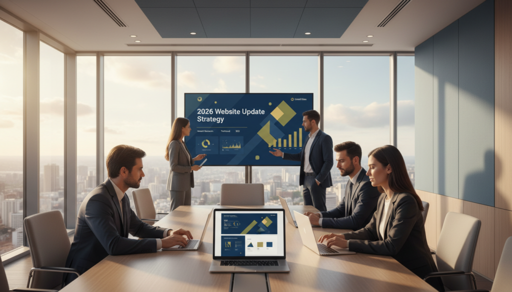 A professional and modern office environment showcasing a group of Mediterranean business professionals engaged in a strategic meeting. In the foreground, a diverse team in business attire, collaborating around a sleek conference table with digital devices open, including laptops and tablets displaying a website design. In the middle ground, a large screen displaying a dynamic infographic titled '2026 Website Update Strategy'. The background provides a panoramic view of a city skyline through large windows, emitting warm natural light that creates an inspiring atmosphere. Use a color palette of #97770d, #e6bd37, and #00182e to enhance the visual appeal. Include the brand name "Goodi Sites" subtly integrated into the design elements, ensuring no text overlays or watermarks distract from the professionalism of the scene. Um ambiente de escritório profissional e moderno, apresentando um grupo de profissionais de negócios do Mediterrâneo envolvidos em uma reunião estratégica. Em primeiro plano, uma equipe diversificada em trajes de negócios colabora em torno de uma elegante mesa de conferência com dispositivos digitais abertos, incluindo laptops e tablets exibindo o design de um website. Em segundo plano, uma grande tela exibe um infográfico dinâmico intitulado "Estratégia de Atualização do Website para 2026". O fundo proporciona uma vista panorâmica do horizonte da cidade através de grandes janelas, emitindo luz natural quente que cria uma atmosfera inspiradora. Utilize uma paleta de cores com #97770d, #e6bd37 e #00182e para aprimorar o apelo visual. Inclua o nome da marca "Goodi Sites" sutilmente integrado aos elementos de design, garantindo que nenhuma sobreposição de texto ou marca d'água distraia a atenção do profissionalismo da cena.