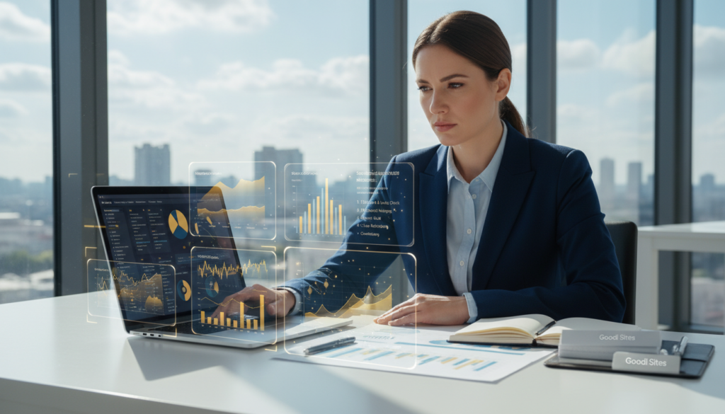 A professional consultant in business attire, sitting at a sleek, modern desk, working intently on a laptop displaying SEO analytics. In the foreground, graphs and charts showcasing SEO performance and website traffic trends, with distinct colors of #97770d, #e6bd37, and #00182e. The middle ground features technical SEO documents and a notepad with strategic notes for safe website migration. The background includes a large, bright window with natural light streaming in, giving the scene a productive and focused atmosphere. Subtle branding of "Goodi Sites" is present on the desk accessories. The overall mood is one of professionalism, strategy, and technological progress. Um consultor profissional, em traje de negócios, sentado em uma mesa moderna e elegante, trabalha concentrado em um laptop exibindo análises de SEO. Em primeiro plano, gráficos e tabelas mostram o desempenho de SEO e as tendências de tráfego do site, com cores distintas como #97770d, #e6bd37 e #00182e. No plano intermediário, documentos técnicos de SEO e um bloco de notas com anotações estratégicas para uma migração segura do site. Ao fundo, uma grande janela iluminada por luz natural confere à cena uma atmosfera produtiva e focada. A marca "Goodi Sites" está discretamente presente nos acessórios da mesa. O clima geral transmite profissionalismo, estratégia e progresso tecnológico.