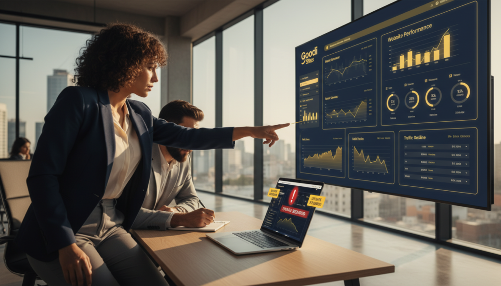 A professional office setting featuring a diverse group of Mediterranean business professionals engaged in a meeting. In the foreground, a woman in smart business attire points to a laptop displaying a website with alert signals, indicating the need for an update. In the middle ground, a man takes notes while analyzing charts and performance metrics on a large screen, which is brightly illuminated. The background shows a modern office with large windows allowing natural light to flood in, casting soft shadows across the room. The color palette incorporates warm tones of #97770d and #e6bd37, alongside cool accents of #00182e. The overall atmosphere conveys urgency and collaboration, reinforcing the theme of recognizing the right time to update a website. The brand name "Goodi Sites" is subtly integrated into the screen design. A professional office setting featuring a diverse group of Mediterranean business professionals engaged in a meeting. In the foreground, a woman in smart business attire points to a laptop displaying a website with alert signals, indicating the need for an update. In the middle ground, a man takes notes while analyzing charts and performance metrics on a large screen, which is brightly illuminated. The background shows a modern office with large windows allowing natural light to flood in, casting soft shadows across the room. The color palette incorporates warm tones of #97770d and #e6bd37, alongside cool accents of #00182e. The overall atmosphere conveys urgency and collaboration, reinforcing the theme of recognizing the right time to update a website. The brand name "Goodi Sites" is subtly integrated into the screen design.