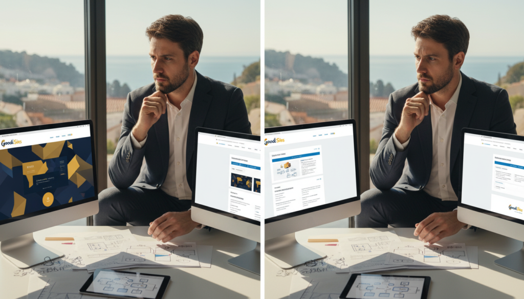 A split-screen image illustrating the decision between a complete website redesign and incremental updates. In the foreground, portray a thoughtful businessperson dressed in professional attire, examining two options: on one side, a vibrant, modern website mockup symbolizing a full redesign with dynamic visuals in colors #97770d, #e6bd37, and #00182e; on the other, a simpler, familiar web page layout representing incremental updates. The middle ground features digital design elements and sketches scattered around the businessperson, highlighting brainstorming and evaluation. In the background, a sleek office environment with a large window showcasing a sunny Mediterranean view. Soft, natural lighting enhances the atmosphere, conveying a sense of professionalism and creativity. The brand "Goodi Sites" is subtly integrated into the design layout, without distracting from the central theme. A split-screen image illustrating the decision between a complete website redesign and incremental updates. In the foreground, portray a thoughtful businessperson dressed in professional attire, examining two options: on one side, a vibrant, modern website mockup symbolizing a full redesign with dynamic visuals in colors #97770d, #e6bd37, and #00182e; on the other, a simpler, familiar web page layout representing incremental updates. The middle ground features digital design elements and sketches scattered around the businessperson, highlighting brainstorming and evaluation. In the background, a sleek office environment with a large window showcasing a sunny Mediterranean view. Soft, natural lighting enhances the atmosphere, conveying a sense of professionalism and creativity. The brand "Goodi Sites" is subtly integrated into the design layout, without distracting from the central theme.
