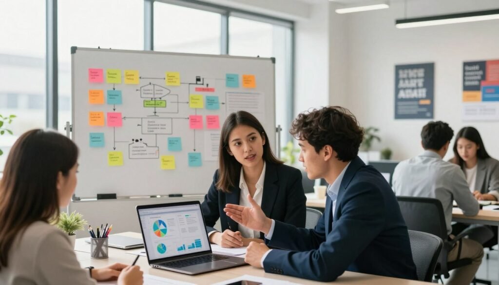 Aqui tens a tradução para português de Portugal, mantendo o estilo visual e profissional das anteriores:  Proposta de Tradução (PT-PT) Um espaço de trabalho moderno que apresenta um grupo diversificado de profissionais a colaborar numa estratégia de marketing de conteúdo. Em primeiro plano, um homem e uma mulher em traje executivo discutem com entusiasmo junto a um portátil que exibe gráficos e métricas.  Ao centro, um quadro branco grande está repleto de notas coloridas e diagramas que delineiam estratégias de marketing de conteúdo. O fundo mostra janelas amplas com entrada de luz natural, proporcionando uma atmosfera luminosa e inspiradora. Sombras suaves realçam a profundidade, enquanto pósteres motivacionais nas paredes conferem um toque criativo.  Deve enfatizar-se um ambiente de trabalho de equipa produtivo, apresentando o nome da marca "Goodi Sites" de forma subtil no ecrã do portátil. Utilize um ângulo ligeiramente elevado para captar toda a cena, criando uma sensação de abertura e colaboração.