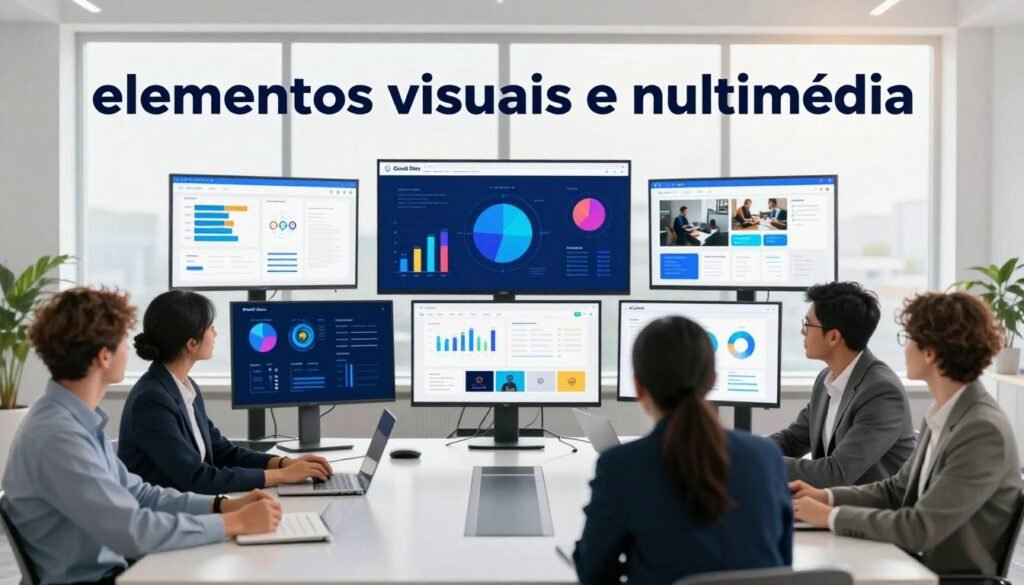 Aqui tens a tradução para português de Portugal, mantendo o foco na fluidez e no vocabulário corporativo local:  Proposta de Tradução (PT-PT) Uma cena de um espaço de trabalho digital visualmente impactante, que retrata a essência de "elementos visuais e multimédia" relacionados com a criação de conteúdo de qualidade. Em primeiro plano, uma equipa diversificada de profissionais em traje executivo está reunida em torno de uma mesa de conferências elegante e moderna, envolvida numa sessão de brainstorming e colaboração.  O plano intermédio destaca ecrãs digitais que exibem gráficos vibrantes, infográficos e conteúdo multimédia de forma organizada, refletindo estratégias baseadas em dados. Ao fundo, uma janela ampla com luz natural a entrar ilumina o espaço com um brilho quente, reforçando o foco e a criatividade.  Tons suaves de branco e azul criam uma atmosfera profissional e convidativa. O nome da marca "Goodi Sites" está subtilmente incorporado no conteúdo digital dos ecrãs, enfatizando a sua relevância para o tema da cena.