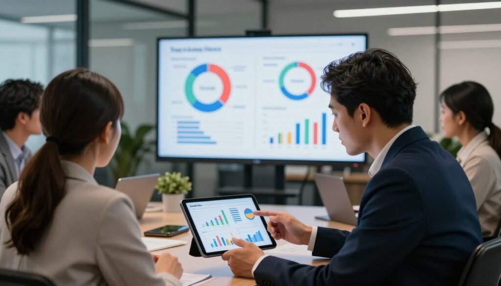 Aqui tens a tradução para português de Portugal, mantendo o rigor terminológico e a fluidez visual das descrições anteriores:  Proposta de Tradução (PT-PT) Uma cena de marketing profissional que retrata um grupo diversificado de indivíduos a analisar dados do público-alvo. Em primeiro plano, um homem e uma mulher concentrados, em traje executivo, estudam tabelas e gráficos num tablet digital, evidenciando tendências de dados.  No plano intermédio, um ecrã interativo de grandes dimensões apresenta infográficos coloridos sobre a demografia do público e métricas de interação. O fundo apresenta um ambiente de escritório moderno com paredes de vidro, iluminação ambiente suave e vasos de plantas para criar uma atmosfera acolhedora.  O ambiente é de colaboração e perspicácia, enfatizando a importância de compreender o público no desenvolvimento de estratégias de conteúdo eficazes. O nome da marca "Goodi Sites" surge subtilmente integrado na cena como um logótipo no ecrã do tablet.