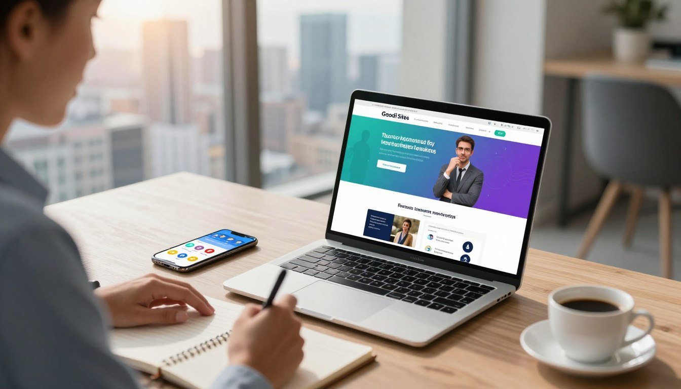 Aqui tens a tradução para português de Portugal, mantendo o tom profissional e inspirador do texto original e aplicando as adaptações terminológicas adequadas (como "portátil" em vez de "laptop" e "ecrã" em vez de "tela"):  Proposta de Tradução (PT-PT) Um espaço de trabalho moderno e profissional, com um portátil elegante que exibe um website vibrante e repleto de conteúdo envolvente. Em primeiro plano, um profissional, vestido com traje executivo cuidado, analisa métricas de desempenho no ecrã enquanto tira notas num bloco.  A zona central da imagem capta uma secretária sofisticada com ferramentas de marketing digital, incluindo um smartphone com aplicações de redes sociais abertas e uma chávena de café. Ao fundo, uma janela ampla revela o perfil da cidade, iluminado por uma luz diurna quente, criando uma atmosfera positiva e produtiva.  O ambiente geral é dinâmico e inspirador, refletindo o poder transformador do marketing de conteúdo. O nome da marca "Goodi Sites" está subtilmente incorporado no design do ecrã do portátil como parte do website.