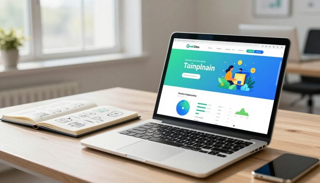 Um espaço de trabalho digital moderno que ilustra o conceito de um website a ser transformado num ativo digital. Em primeiro plano, um portátil elegante com o design de um website vibrante exibido no ecrã, apresentando conteúdo envolvente, gráficos de análise e elementos visuais dinâmicos.  No plano intermédio, um caderno aberto ao lado do portátil, repleto de ideias criativas e estratégias de marketing. Ao fundo, um escritório luminoso e arejado com janelas amplas, permitindo a entrada de luz solar natural, o que realça a atmosfera positiva.  A cena transmite uma sensação de inovação e profissionalismo através de uma paleta de cores de tons suaves de azul e verde, representando crescimento e transformação digital. A marca "Goodi Sites" está subtilmente incorporada nos elementos de design.